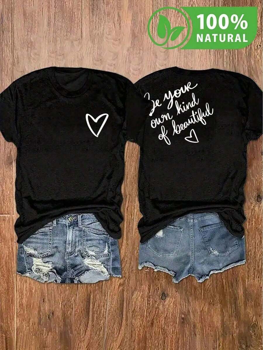 Camiseta negra con diseño de corazón y frase inspiradora, estilo urbano y casual para mujer en México, ideal para destacar tu personalidad única, perfecta para combinar con jeans o shorts, suave y cómoda para el día a día, última en moda femenina, ¡luce bella y auténtica! - Negro - Ver 1
