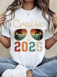 Women's Cruise 2026 Vintage Sunglasses Anchor And Palm Tree Print T-Shirt, Casual Summer Set, Beachwear, Vacation, Travel - Urban Vintage Style, Unisex, Loose Fit, Cotton, Short Sleeve, Crew Neck, 100% Cotton. - 白色 - 查看 7
