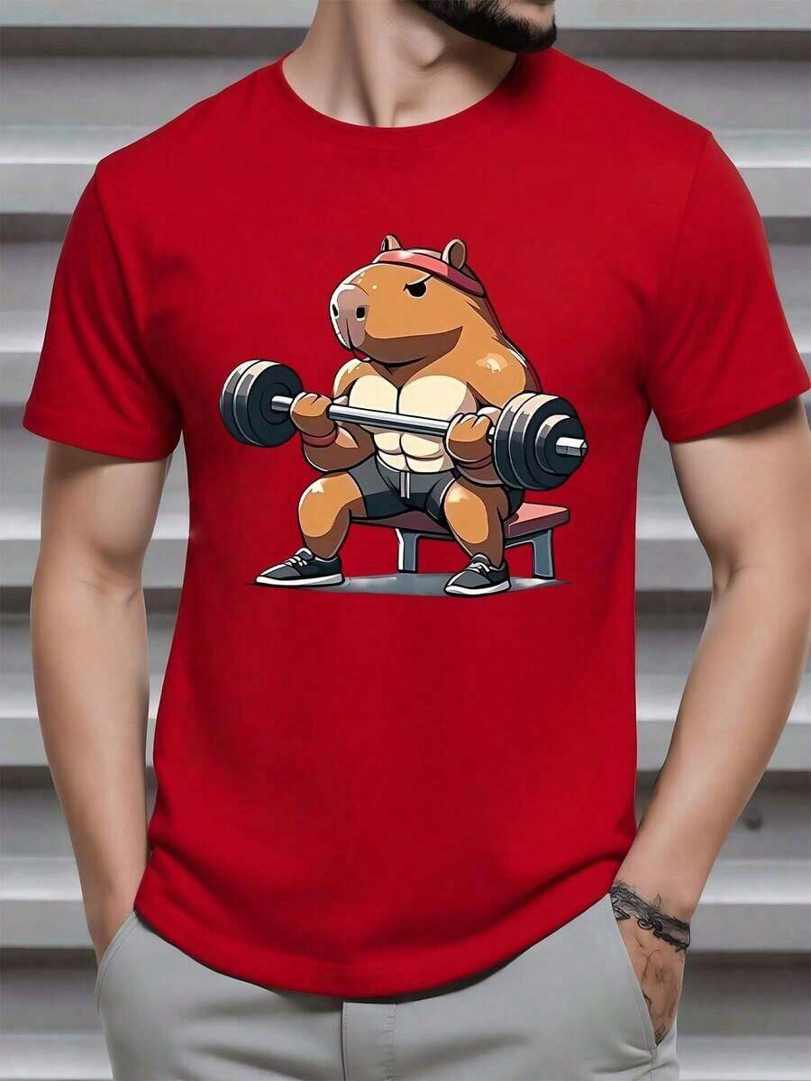 NewSummerCasualCapibara musculosa levantando pesas con banda roja en la cabeza transmitiendo fuerza y motivación para entrenar con energía intensa y disciplina constante ideal para inspirar superación personal camiseta de hombre 100% algodón 220g-Vintage Street Style Unisex Loose Cotton Short Sleeve Crew Neck T-Shirt - Rojo - Ver 1