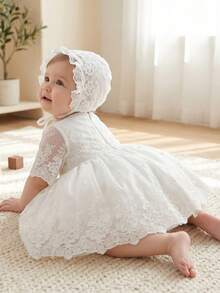 Baby Girl White Christening Dress, Lace Trim Tulle Skirt - White - View 8