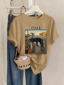 Dali's Memory: El Gato Negro Persistente, una camiseta de mujer para primavera/verano con estampados de elementos artísticos surrealistas, diseño ajustado, cuello redondo, adecuada para uso diario informal, ¡nuevo modelo 2026! Cómoda y suave, camiseta de algodón para el día a día. - Blanco - Ver 8