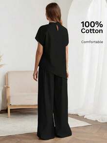 Conjunto de 2 piezas de top a rayas y pantalones con bajo asimétrico para mujer - Negro - Ver 6