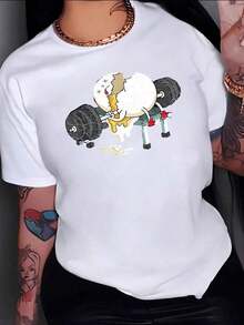 Cartoon Broken Egg Lifting Weights With Funny Expression Symbolizing Effort And Perseverance In Life Women's T-Shirt 100% Cotton--Soft, Comfortable And Loose Cotton T-Shirt For Casual Wear. - 白色的 - 查看 8