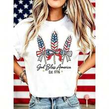 100% Pure Cotton T-Shirt, Modern Minimalist Style, Women's "God Bless America" T-Shirt, 250 Years Of America, 250th Anniversary Of The United States, Gift T-Shirt For The 4th Of July, Independence Day, Casual And Comfortable Summer Style, Women's T-Shirts - 白色 3 - 查看 6