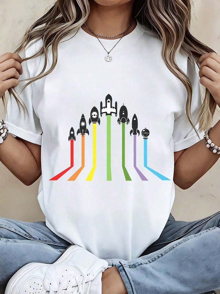 Camiseta de Moda para Mujer con Estampado Gráfico de Cohetes Arcoíris y Transbordador Espacial, Top Casual de Verano para Uso Diario y Viajesblusa casual mujer - Blanco - Ver 1
