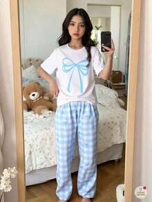 1 pieza [Talla Grande] Camiseta de Manga Corta Estilo Sweet Home, 100% Algodón, Suelta, con Estampado de Lazo Rosa, Ropa Cómoda para el Hogar, Ropa Diaria para el Hogar, Patrón de Letras, Camiseta de Manga Corta para Mujer Adulta, Ideal para Verano y Playa, Tejido Transpirable, Adecuada para Ropa de Año Nuevo, 180g 100% Algodón. - Blanco - Ver 2