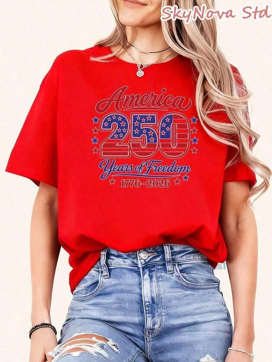 Fashion NEWCamisetas de manga corta para mujer, 250º aniversario, Día de la Independencia, ropa patriótica, atuendo festivo, Día de San Patricio, Carnaval, Día de San Valentín, cita romántica, conjuntos para el Día de San Valentín, Pascua - Camiseta básica de algodón de manga corta, estilo holgado vintage patriótico para el Día de la Independencia y 250 años de libertad en América, estilo festivo adecuado para uso diario casual y atuendos urbanos. Camiseta unisex de algodón de manga corta y cuello redondo, estilo vintage urbano. - Rojo - Ver 1