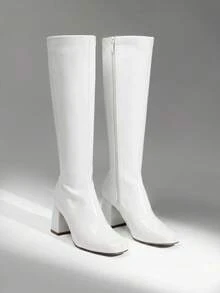 Women Gogo Boots Square Toe Chunky Classic Solid Color  Comfortable Knee High Boots For Women - White - View 2