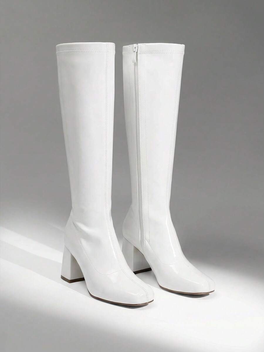 Women Gogo Boots Square Toe Chunky Classic Solid Color Comfortable Knee High Boots For Women - trắng - Xem 1