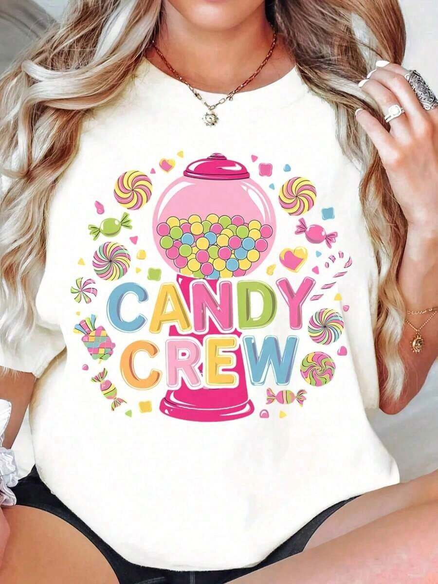 Playeras de mujer de algodón, camiseta gráfica Candy Crew para mujer, camiseta con diseño de caramelos dulces y lindos, diseño divertido y colorido de máquina de chicles, top casual de verano para fiestas y uso diario. - Blanco - Ver 1