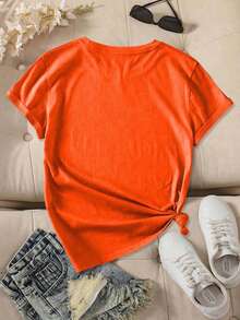 [New Fashion] Women's Summer Clothes, Short Sleeve T-Shirt With Round Neck And Cartoon Animal Tail Print, Casual Sporty Style, Lightweight, Comfortable, Soft, Fashionable, Adorable Pet Style, Versatile For All Seasons, Suitable For Daily Wear 9WVS - 橘色 - 查看 2