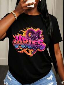 Women's T-Shirt With Graphic Print Of The Zodiac Sign Aries (Aries On Fire), Casual Clothing For Daily Wear And Astrology Lovers - 黑色 - 查看 6
