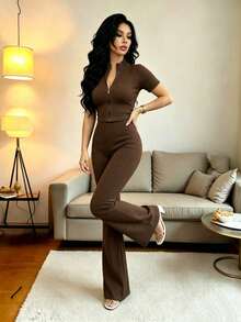 Conjunto de top corto deportivo con cremallera sin costuras y mallas deportivas de cintura alta para mujer - Café integral - Ver 3