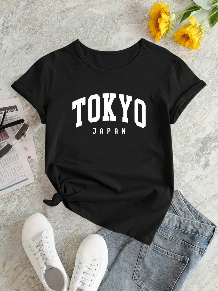 Camiseta Casual de Verano Holgada con Estampado de Letras de Tokio Japonés