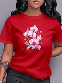 T-Shirt With A Pink Orchid Print, Short Sleeves, And A Round Neck. Women's Clothing, Fresh And Elegant Style, Versatile And Casual, Suitable For Everyday Wear, Parties, Dates, And As A Birthday Gift. MG3E - 亮紅 - 查看 7