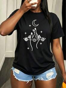 Women's Casual Summer Short-Sleeved T-Shirt With Planet And Moon Prints, Suitable For Both Indoors And Outdoors, Ideal For Both The Office And Leisure Occasions. - 黑色 - 查看 7