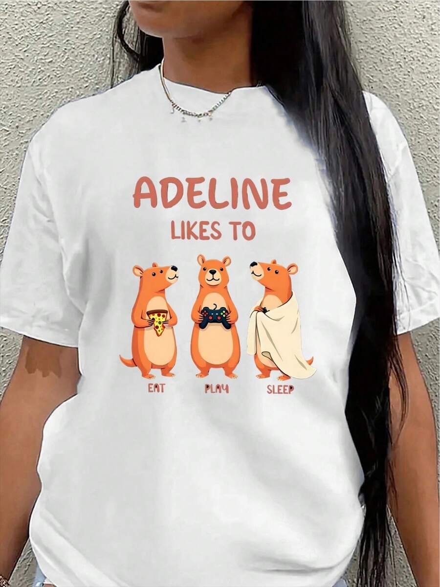 Camiseta de manga corta de poliéster para mujer, con un adorable diseño de hámster que le encanta a Adeline, es ligera y duradera, adecuada para uso casual en casa o en restaurantes, con colores y estilos cómodos. - Blanco - Ver 1