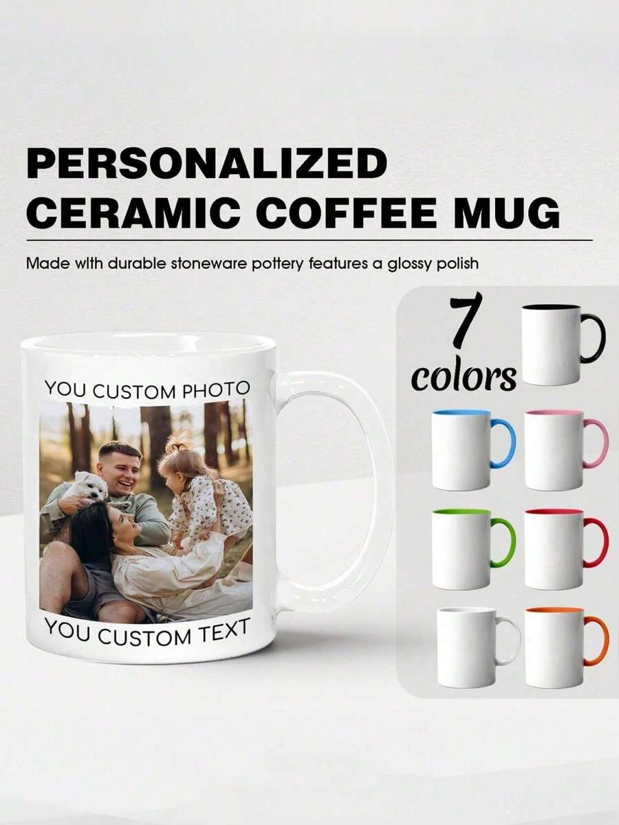 Personalized Photo Mug, Customized Text Ceramic Coffee Cup, Double-Sided Printing, Colorful Handle And Interior, Create Your Own Picture Mug, Unique Gift For Family, Couples, Mom, Dad, Friends, Birthday, Anniversary, Christmas, Daily Drinkware 11oz Cup