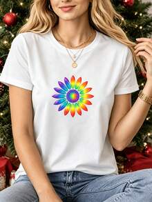 Camiseta premium para mujer con estampado floral colorido, estilo casual de verano, adecuada para fiestas y vacaciones. Ecológica. - Blanco - Ver 1