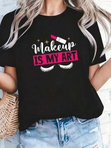 1 camiseta gráfica de maquilladora para mujer - con el eslogan "El maquillaje es mi arte" y diseño de rímel y pestañas, camiseta negra 100% ligera, de manga corta y cuello redondo, estilo casual para amantes de la belleza (tallas S-2XL) - All-Sea180g Algodón 100% - Blanco 3 - Ver 8