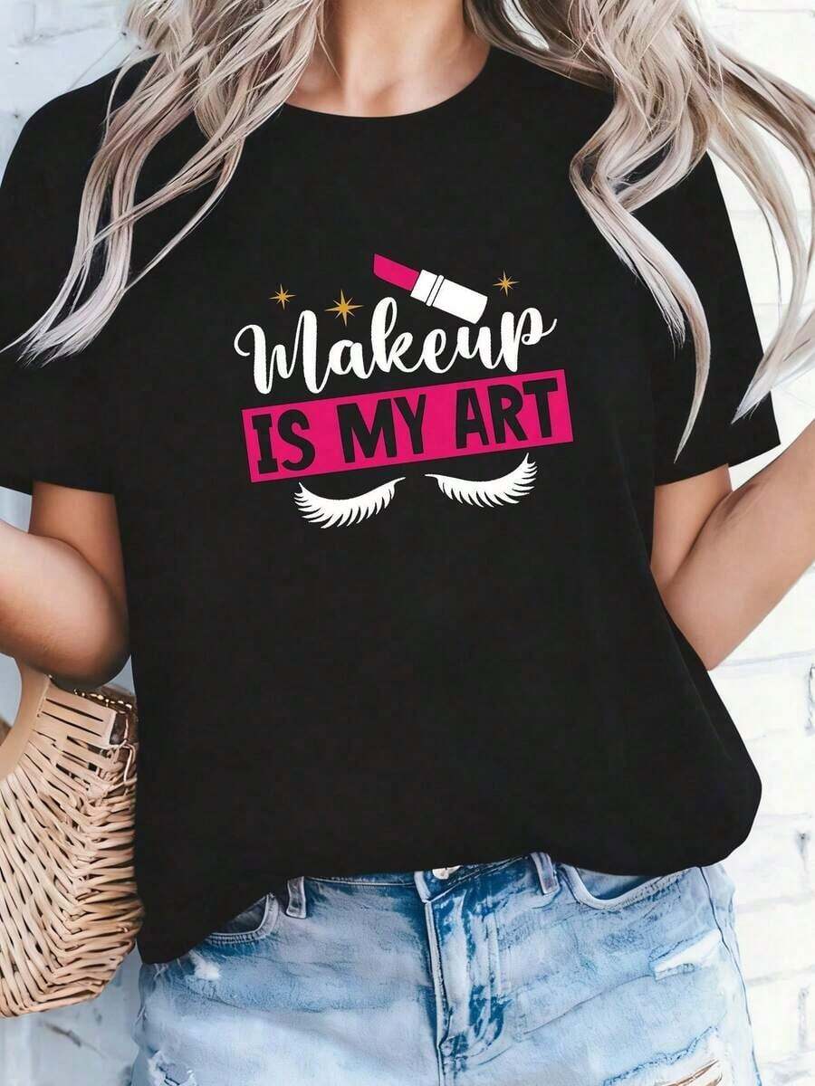 1 camiseta gráfica de maquilladora para mujer - con el eslogan "El maquillaje es mi arte" y diseño de rímel y pestañas, camiseta negra 100% ligera, de manga corta y cuello redondo, estilo casual para amantes de la belleza (tallas S-2XL) - All-Sea180g Algodón 100% - Negro 2 - Ver 1