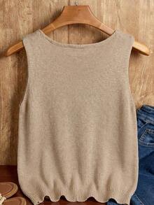 Blusa sin mangas de punto de unicolor con diseño calado para mujer - Caqui - Ver 2