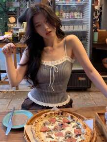 春夏極簡性感風荷葉邊綁帶背心，羅紋針織修身上衣，甜辣女孩外穿細肩帶背心 - 灰色 - 查看 2