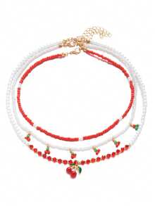 Yuzuo Deng Zi -2026-F-00830100 3pcs European And American Fashion Cherry Faux Pearl Decor Necklace, Suitable For Daily Wear - Multicolor - View 6
