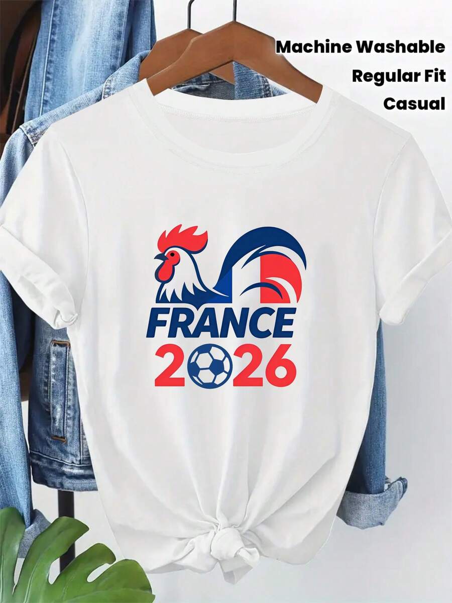 ¡Oferta por tiempo limitado, unidades limitadas, relámpago! Camisas casuales para mujer, camisetas de poliéster para mujer, camisas elegantes. Camiseta para mujer FRANCE 2026 con logo de fútbol del gallo galo - Selección nacional francesa, camiseta casual de manga corta y cuello redondo, de ajuste regular lavable a máquina, adecuada para uso y ropa de aficionada al fútbol - Blanco - Ver 1