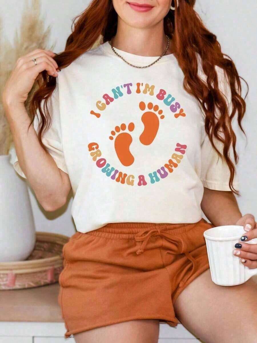 1 pieza: Camiseta "No puedo, estoy ocupada gestando un ser humano", camiseta divertida de embarazo, camiseta linda de maternidad, camiseta para futura mamá, camiseta de anuncio de bebé, camisetas gráficas de gran tamaño para mujer, camisetas suaves y cómodas para embarazo, ropa de maternidad, 180g de algodón 100%. - Blanco2 - Ver 1