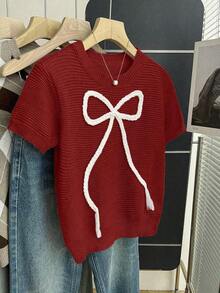2026Franclia New Women's Sweet And Cute Pink Casual Knit Sweater With Bow, Short Sleeve Baby Pink Bow Blouse For Spring/Summer, Cute Knit Blouses With Bow For Women - 紅色的 - 查看 5