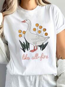 Blusa casual para mujer con patrón bordado de ganso "con efecto de fuego" - diseño encantador inspirado en libros, con adornos florales, top casual de manga corta y cuello redondo, adecuada para primavera y verano, lavable a máquina, camiseta de algodón para mujer. - Blanco - Ver 12