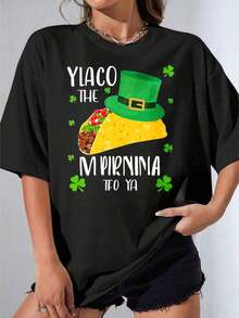 Camisetas de Mujer, Manga Corta Casual para Fiesta, Camiseta OneWhite con Estampado de Taco y Sombrero de Leprechaun, Diseño Ylaco The M Pirnina Tfo Ya para Celebración del Día de San Patricio, 220g - Negro - Ver 4