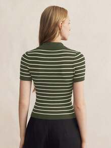 Suéter de punto con cuello vuelto, botones y rayas para mujer, prenda de punto superior para uso urbano, atuendo casual de negocios, ropa elegante para mujer - Verde militar - Ver 2