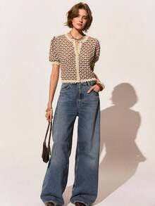 Nueva llegada Primavera/Verano Blusa de punto de manga corta con estampado de rayas retro francés, patchwork y calado para mujeres - Multicolor - Ver 3