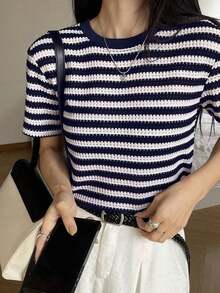 Top casual de ajuste ceñido con cuello redondo y mangas cortas a rayas, para uso diario, estilo veraniego "Old Money" - Azul marino - Ver 8