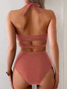 Conjunto de bikini negro con corbata al cuello, conjunto de bikini para vacaciones en la playa, traje de baño para fiestas en la playa - Rosa Oxidada - Ver 2