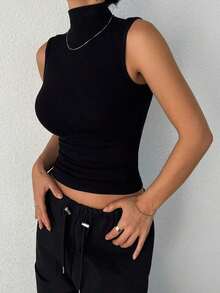 Camiseta de mujer de cuello alto con ajuste ceñido, camiseta sin mangas tipo tanque con estilo Y2K - Negro 10 - Ver 6