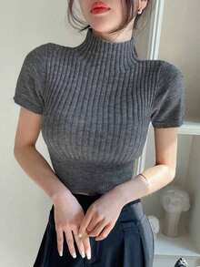 Blusa de punto de manga corta y cuello alto en unicolor, estilo informal de negocios - Gris Oscuro - Ver 6