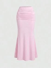 Conjunto de 2 piezas de top sin mangas con decoración de flor metálica de color café y falda de cola de pez para mujer, para otoño/invierno - Rosa - Ver 4