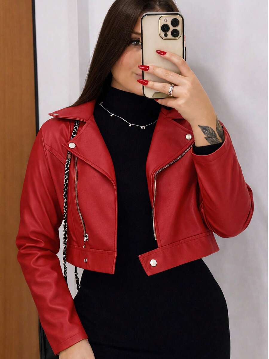 Women's Faux Leather Jacket With Zipper And Buttons – Modern And Elegant, São João 2026 Fashion - POWERFUL LOOK - 紅色 - 查看 1