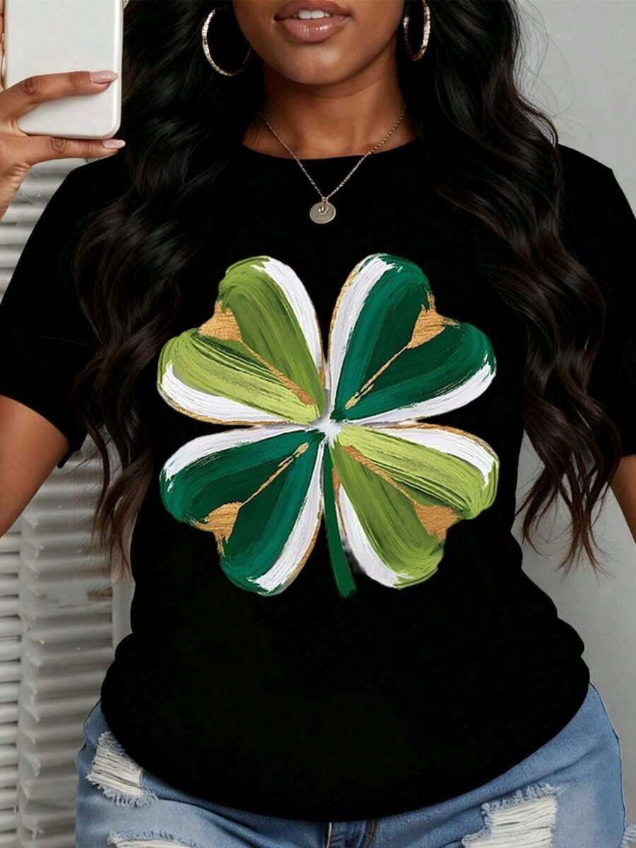 Camiseta Casual de Mujer con Cuello Redondo, Estampado Divertido de Trébol y Texto, 100% Algodón, Ideal para Fiestas y Festivales, Opción de Regalo - Negro - Ver 1