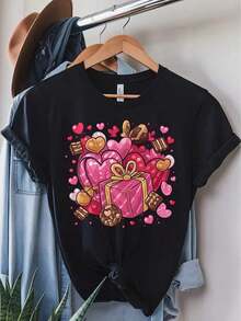 Manga corta, conjuntos de verano para mujer, camiseta estampada con diseño de corazón y caja de regalo, cuello redondo, manga corta, estilo casual, perfecta para primavera y verano, negra, 180g, 100% algodón, tops de mujer vintage. - Negro - Ver 1