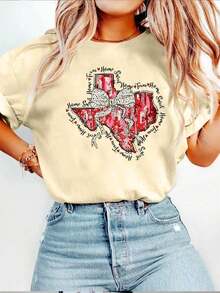 Top Casual de Manga Corta con Cuello Redondo y Estampado de Lazo Estilo Texas para Mujer, Perfecto para Primavera y Verano. Adecuado para primavera, verano y otoño. - Albaricoque - Ver 7