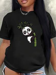 Camiseta de manga corta de poliéster, estampada con un lindo diseño de panda, ligera y duradera, adecuada para uso casual en casa, en cafeterías o durante actividades al aire libre, hecha de tela suave. - Negro - Ver 7