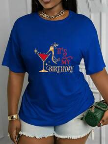 Camiseta de mujer con estampado "Es Mi Cumpleaños" - Manga corta, corte holgado, cuello redondo, con diseño temático de cumpleaños, tela transpirable y lavable a máquina, adecuada para fiestas, uso casual y ocasiones especiales. - Azul - Ver 1