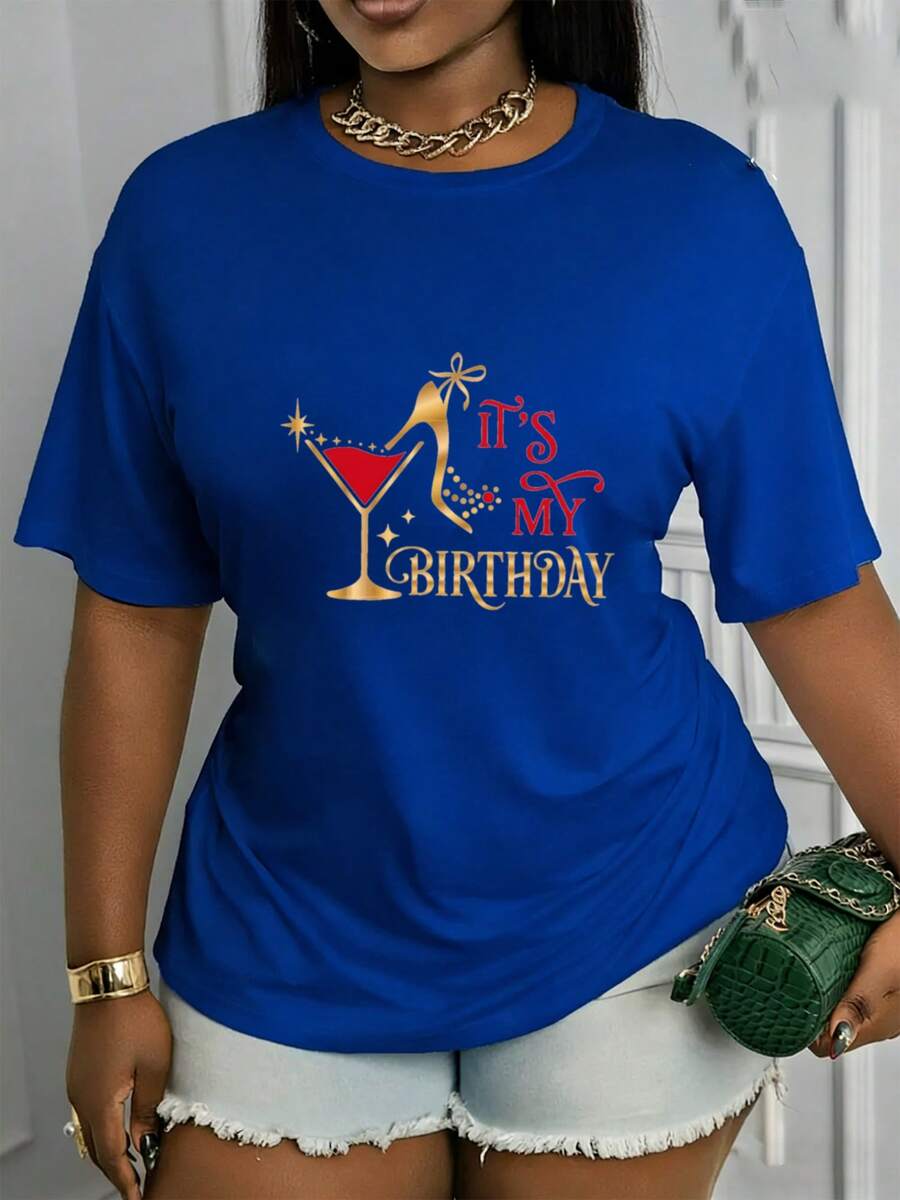 Camiseta de mujer con estampado "Es Mi Cumpleaños" - Manga corta, corte holgado, cuello redondo, con diseño temático de cumpleaños, tela transpirable y lavable a máquina, adecuada para fiestas, uso casual y ocasiones especiales. - Azul - Ver 1