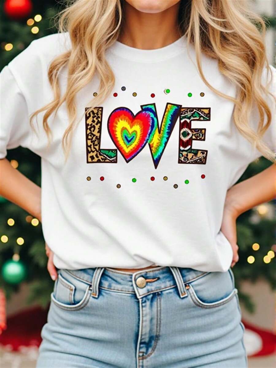 Camiseta Casual Blanca de Manga Corta y Cuello Redondo para Mujer | Patrón deíris con la palabra LOVE combinado con detalles de corazón con estampado de leopardo, elasticidad media, adecuado para todas las estaciones, lavable aáquina, un regalo para el Día de San Valentín, Año Nuevo y Navidad - Camiseta unisex de manga corta, cuello redondo, de algodón suelto, estilo vintage urbano. - Blanco - Ver 1