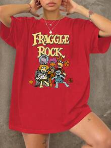 Women's Fraggle Rock Cartoon Character Print Short-Sleeve T-Shirt - Casual Vintage Style Crewneck Top, Soft Stretch Fabric, Machine Washable, All-Season Comfort, Cute Apparel For Music Fans, Opaque Material Minimalist Style Sweatshirt,Valentine Outfits For Women,Valentine's Day,Summer - 紅色 - 查看 1