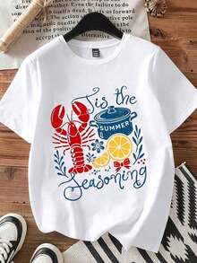 Summer T-Shirt With Lobster, Lobster Pot, Lemon And Flowers Print, With The Text 'It's The Spice Of Summer', For Beach And Casual Wear. Women's Casual Blouse - 白色 - 查看 4